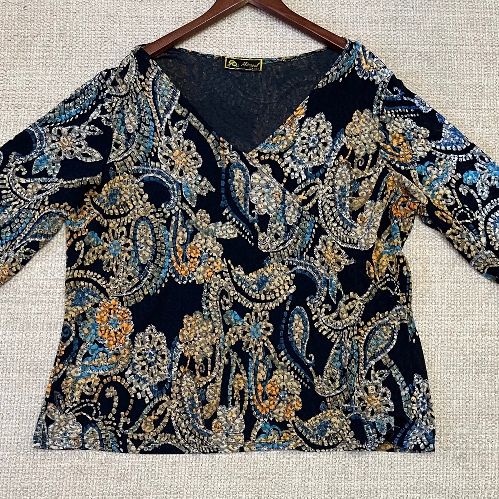 Mirasol Babydoll Top Blouse Womens 2X Black Vintage Paisley 3/4 Sleeve Stretch